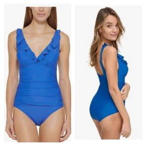 Blue Ruffled One-Piece Swimsuit DKNY swim blue lapis color Size 18 New with tags